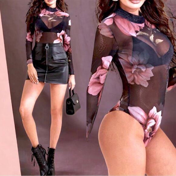 Tops - Bodysuit l Long-Sleeve l Black, Black trim, Floral Print l Sheer l New